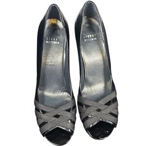 Stuart Weitzman Black Patent Leather Heels‎ Peep Toe Pumps Strappy Size 8M